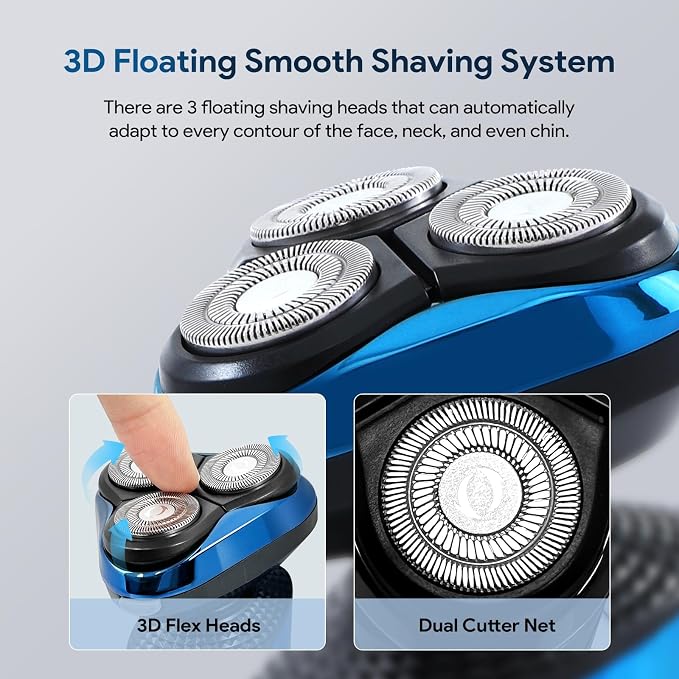 Electric Razor for Men, Rechargeable Waterproof Men Electric Shaver, Wet & Dry Shaving with Cordless Beard, Nose Hair Trimmer, 1 Hour Fast Charging (Blue)