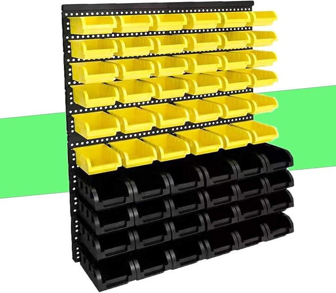 60Pcs Plastic Wall Mounted Storage Bins Parts Rack Nuts And Bolt Bins Organizer For Shop Garage for Screws, Nuts, Bolts, Nails, Beads, and Small Hardware Parts (YELLOW+BLACK, 60)