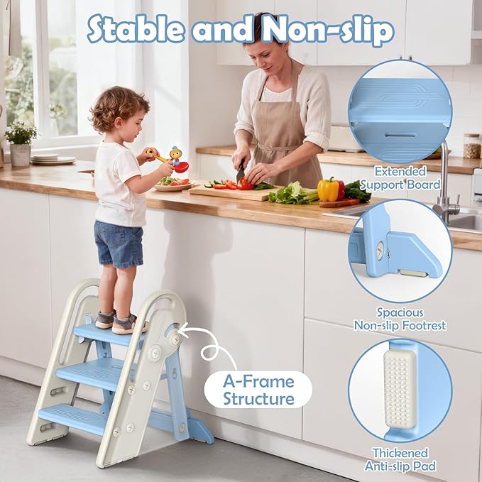 Onasti Toddler Step Stool with Handles, Adjustable Kids Stool Converts from 3-Step to 2-Step, Non-Slip and Anti-Tip Design for Safer Potty Training, Bathroom Sink and Kitchen Counter- Blue