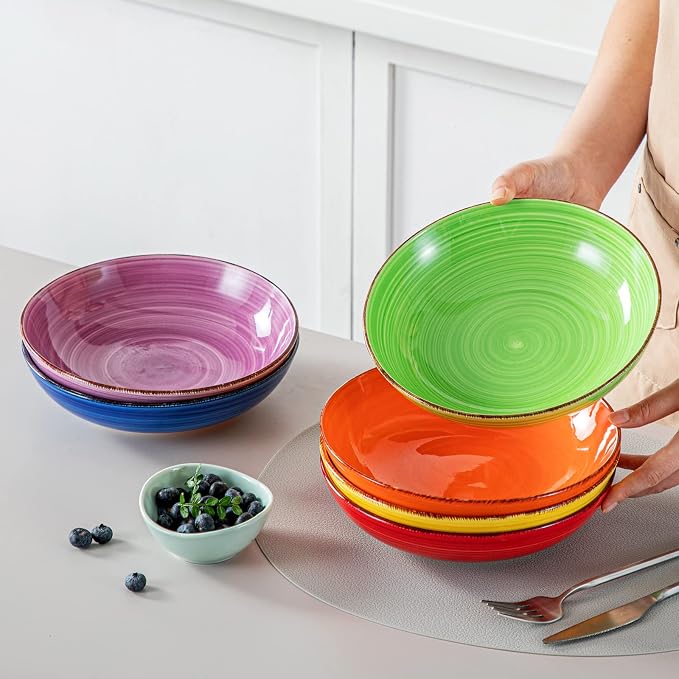 vancasso Bonita Pasta Bowls Set of 6, 38 oz Shallow Ceramic Bowls for Pasta, Salad, Soup & More - Microwave, Dishwasher & Oven Safe - Assorted Colors