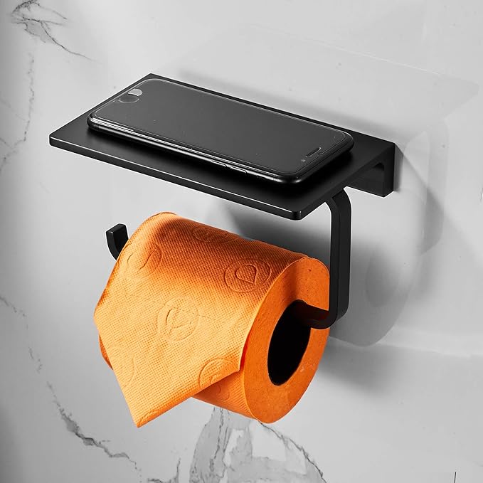 Toilet Roll Paper Holder Bathroom Solid Brass and Superior Hotel Style Wall Mount Tissue Roll Holder with Phone Shelf Matte Black Finished