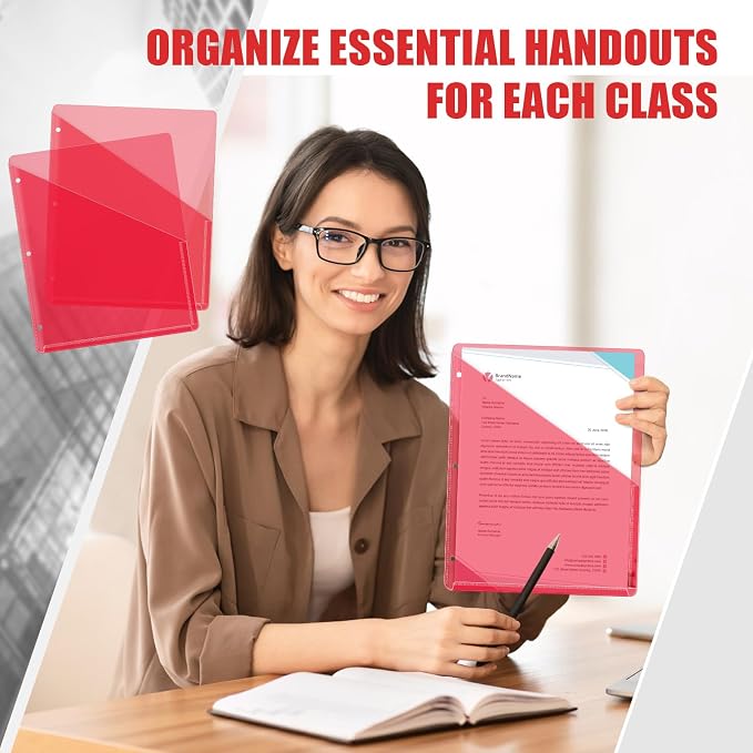Seajan 100 Pcs Pocket Folders for 3 Ring Binder Clear Plastic Folders Sleeves with 2 Pockets 3 Hole Punch Binder Dividers Poly Slash File Jackets for Office School Document Organizer (Red)