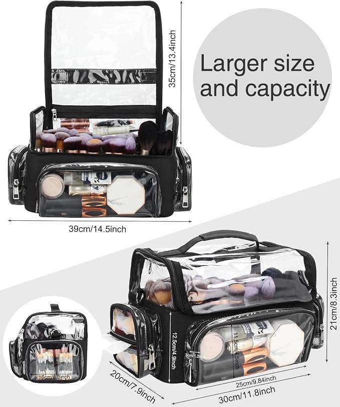 Makeup Brush Bag, Makeup Brush Case for Makeup Artist with Plastic Dividers Washable, Portable Travel Makeup Train Case with Clear Waterproof Cover for Easy to Clean and Find with Adjustable Strap