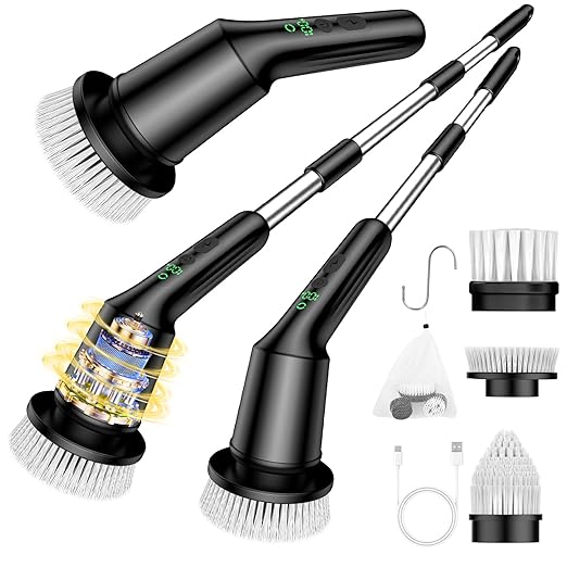 Shower Scrubber with Long Handle, Cleaning Tool for Bathroom Shower Toilet | Shower Cleaner Brushes with IPX7 Waterproof & 2 Speed, 3 Brush Heads, Bathroom Cleaning Supplies for Toilet Tub