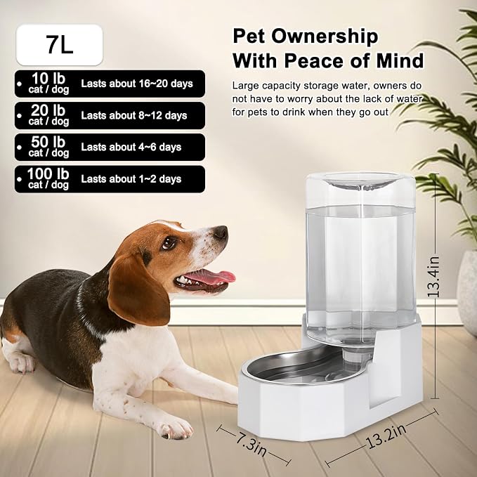 Sfozstra Dog Water Bowl Dispenser: 7L White Gravity Stainless Steel Bowl | Stable Non-Slip Base/Easy Refill/Indoor & Outdoor Use/Food-Grade Materials/Indoor & Outdoor Use