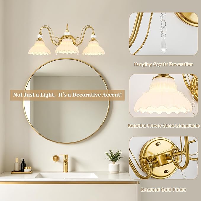 Vintage Bathroom Vanity Light, 3-Light Brushed Gold Finish Wall Sconce with Hanging Crystal Accents and Flower-Shaped White Glass Shades, Retro Wall Mount Vanity Light Over Mirror for Bathroom