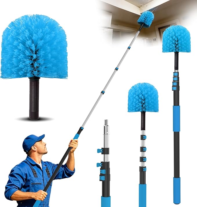 18FT Reach Cobweb Duster with Extension Pole - Spider Web Brush for Cleaning with 3-12FT 4-Section Flip-Lock Telescopic Pole, Effortlessly Cleans High Indoor & Outdoor Webs