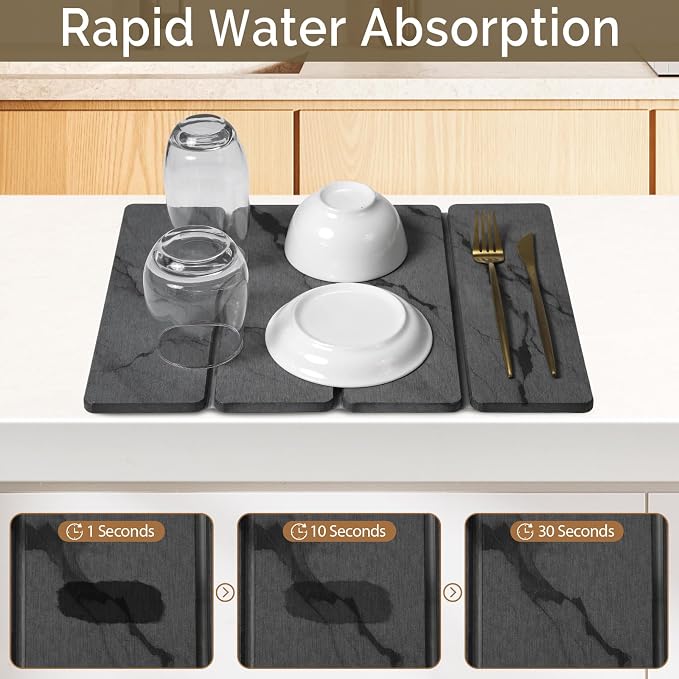 Small Stone Dish Drying Mat for Kitchen Counter, 2 PCS 16"×12" & 8"x4" Quick Dry Stone Mats, Foldable Water Absorbing Diatomite Drying Dish Pad for Countertop Bottles Utensils Cups(Dark Gray Ink)