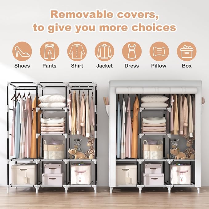 VTRIN Portable Closet Wardrobe for Hanging Clothes with 2 Hanging Rods and 8 Storage Organizer Shelves,Sturdy Large Wardrobe Closet for Bedroom Free Standing Clothes Rack with Cover,White