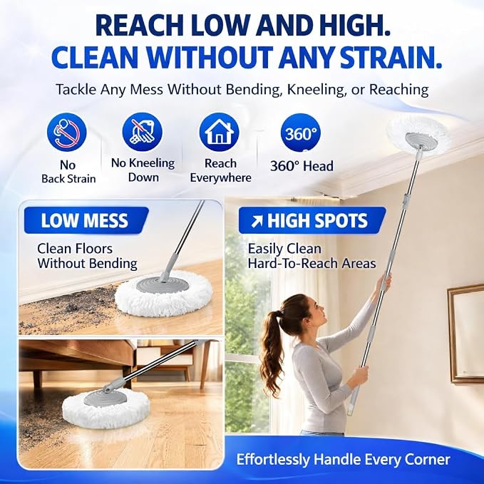 RinseWise Easy-Use Gen 2 Spin Mop and Bucket for Pet & Family Homes, Shower-Style Rinse, Clean & Dirty Water Separation, 1.5 Gal Clean Water Capacity, 4 Swivel Wheels, 61" Handle, 6 Mop Heads - Blue