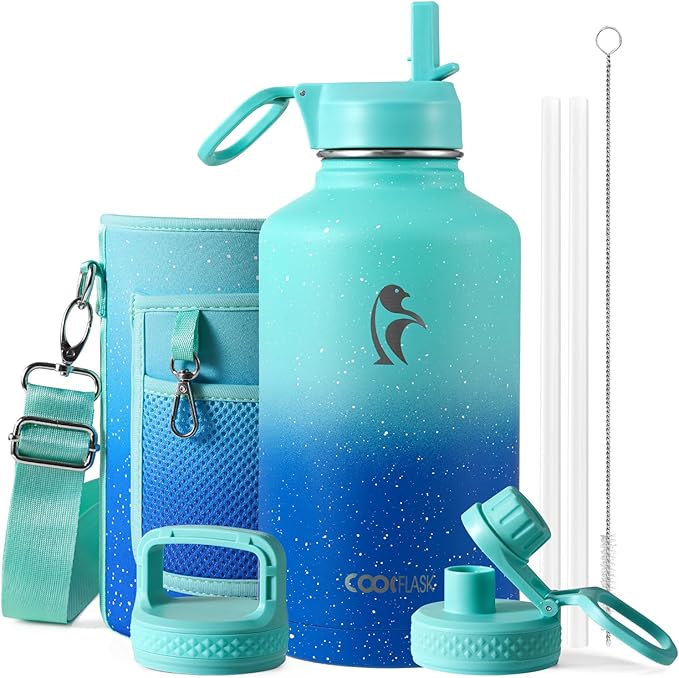 64 oz Water Bottle Insulated with Straw&3 Lids, Coolflask Half Gallon Water Jug Galaxy Large Metal Stainless Steel Vacuum Flask for Gym, Sports, Keep Cold 48H Hot 24H, Glacier Blue