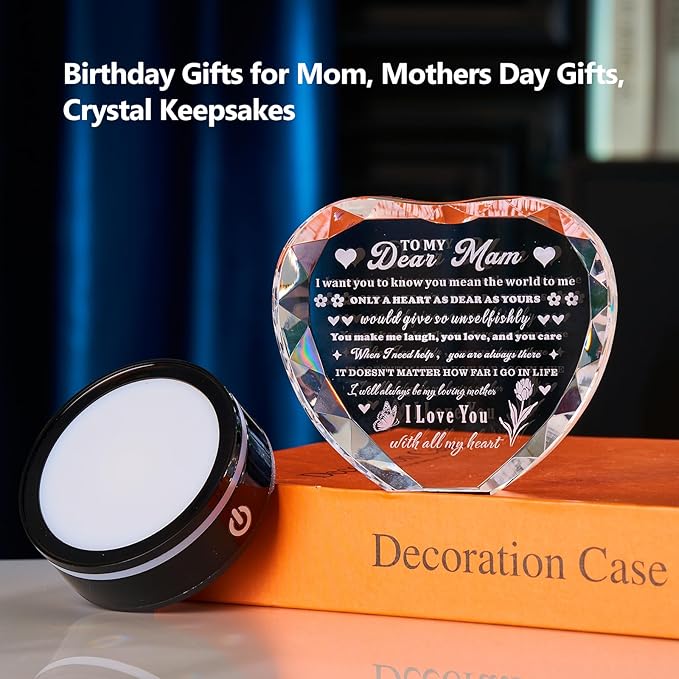 Crystal Heart Birthday Gifts Ideas for Mother from Son Daughter Moms Mother's Day Mothers Day Gifts for Mom Romantic Best Unique Keepsakes Presents with Colorful LED Base Gift (Mom Gifts)