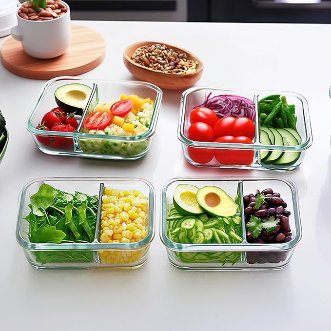 M MCIRCO 10-Pack,30 Oz Glass Meal Prep Containers 2 Compartments Airtight Lunch Bento Boxes with Lids, Glass Food Storage Containers, Microwave, Oven, Freezer and Dishwasher, Green