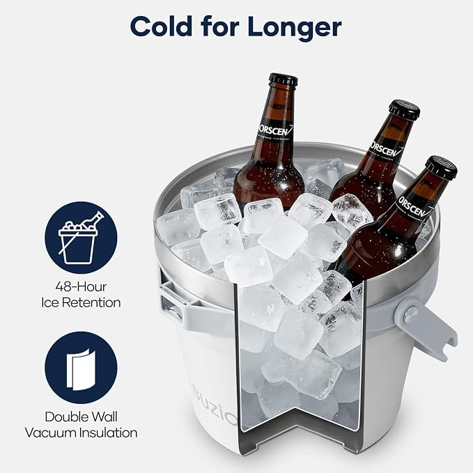 BUZIO 7 L Ice Bucket with Lid Scoop & Tongs & Adjustable Shoulder Strap | Double Wall Vacuum Insulated Stainless Steel Large Beverage Buckets, 48 Hrs Cold Retention for Parties, for Cocktail Bar