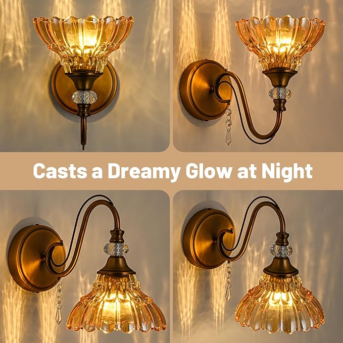 1 Piece Vintage Wall Sconce, 1-Light Matte Antique Brass Finish Wall Sconce with Hanging Crystal Accents and Flower-Shaped Amber Shades for Bathroom Bedroom Living Room,Vintage Vanity Light