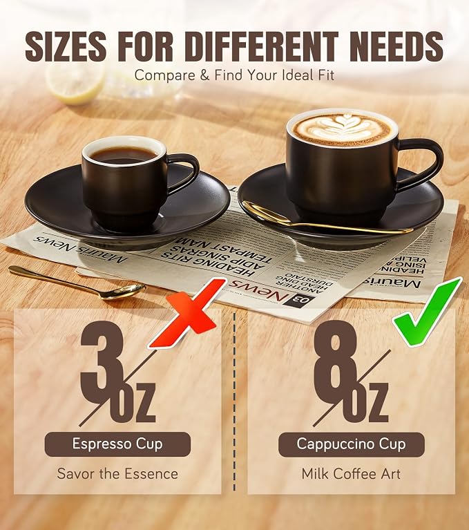 Lareina 8 Ounce Porcelain Cappuccino Cups Set of 4, Stackable Coffee Cups with Saucers, Spoons and Metal Stand -for Specialty Coffee Drinks, Cappuccino, Latte, Americano and Tea, Black