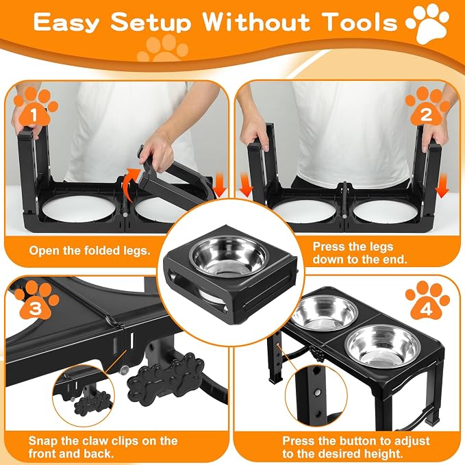 COMESOON Elevated Dog Bowls, 5 Adjustable Heights (3.9"-13.4") Raised Dogs Food Bowl Stand for Medium Large Sized Dogs, Non-Slip Foldable Travel Pet Feeder Black with Stainless Steel Bowls