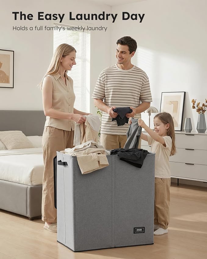 SOLEDI Large Double Laundry Hamper with Lid,165L Collapsible Clothes Hamper 2 section with Removable Bags, Space-Saving Laundry Basket for Bedroom, Dorm, College