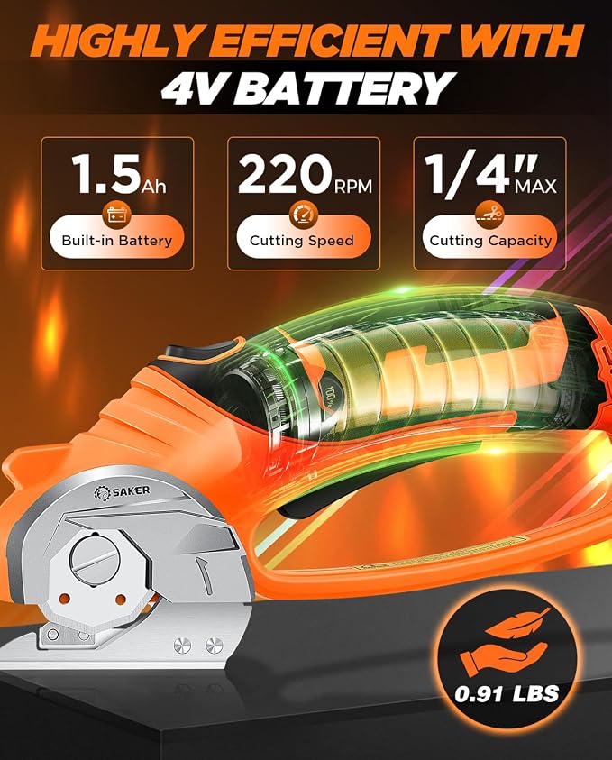Saker Box Cutter Electric Cordless: Card board Cutter Scissors for Fabric Leather Paper Plastic - Cardboard Cutting Tool with 4V Recharged Battery - Safety Lock and LED Light for Cutting,Orange