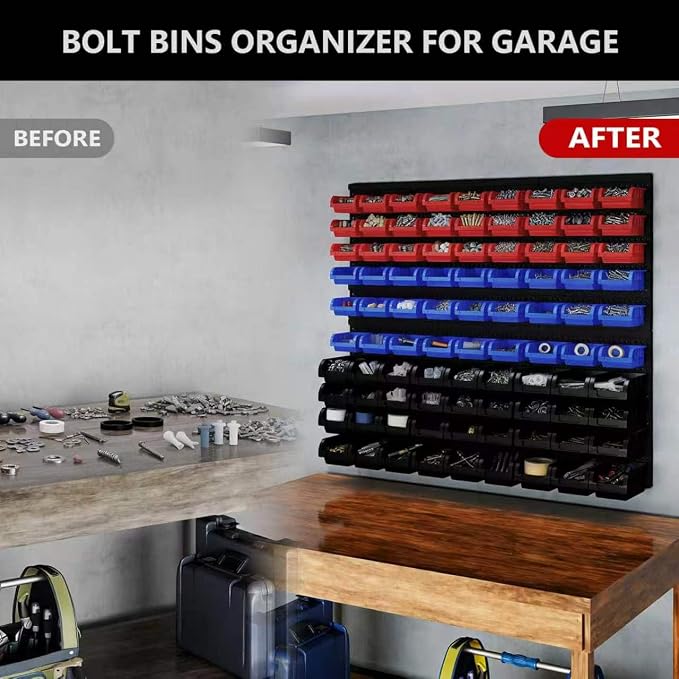 90Pcs Plastic Wall Mounted Storage Bins Parts Rack Nuts And Bolt Bins Organizer For Shop Garage for Screws, Nuts, Bolts, Nails, Beads, and Small Hardware Parts,Red,Blue,Black