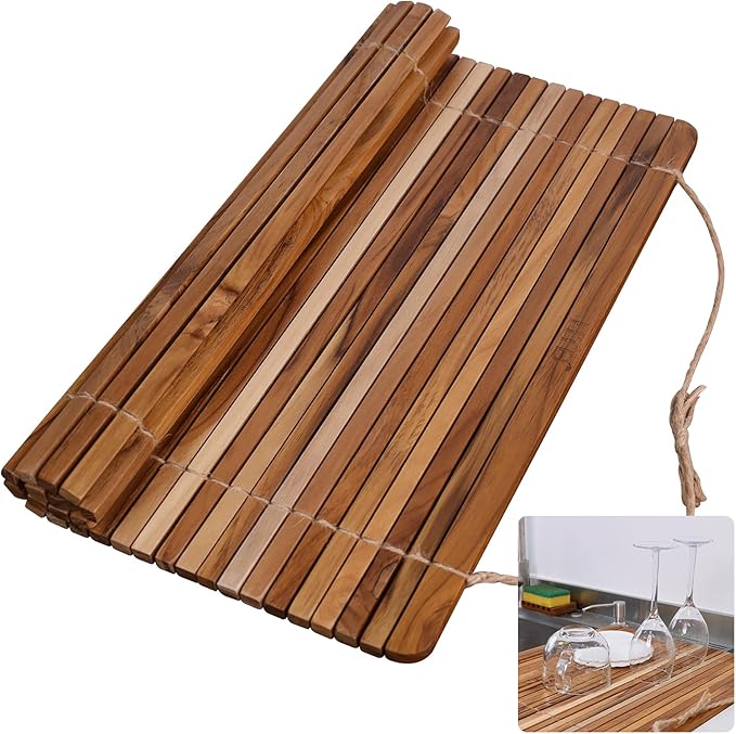 HTB Over Sink Dish Drying Rack 17.8'' x 16.1” Teak Wood | Roll Up Dish Drying Rack for Kitchen Counter,Space Saving,Collapsible Dish Drying Mat for Bowls,Vegetables,Fruits,Bottles