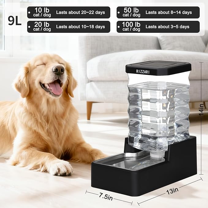 RIZZARI 9L Automatic Dog Water Dispenser: Stainless Steel Bowl | No Filter Replacement/Wide-Mouth Easy Cleaning/Ideal for Medium & Large Dogs/ Busy Workdays