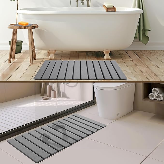 Extra-Large Foldable Stone Bath Mat for Bathroom, 2 Pcs Super Absorbent Diatomaceous Earth Bath Mat with Anti-Slip Leather Base, Quick Drying Modern Bath Stone Mat (Grey, 28" x 16" & 8" x 4")