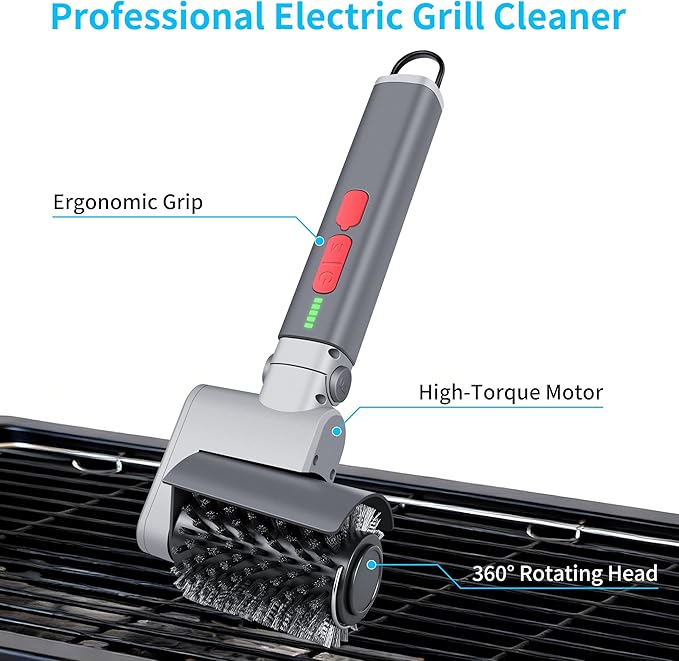 FLYSH Electric Grill Brush, Cordless BBQ Grill Cleaner with 3 Heads, 3-Speed & Angle Adjust, 58W 5200mAh 150-Min Runtime, IPX7 Waterproof for Outdoor Barbecue Grates