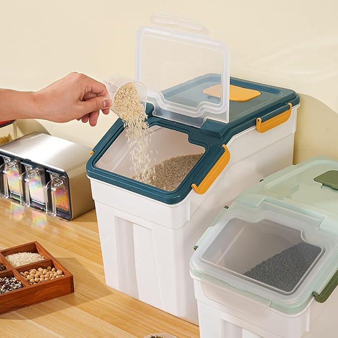 50 lbs Flour Storage Container, 2 Pack Rice Storage Container with Measuring Cup & Scoop, Pet Food Storage Container Dog Cat Food Bin, Grey
