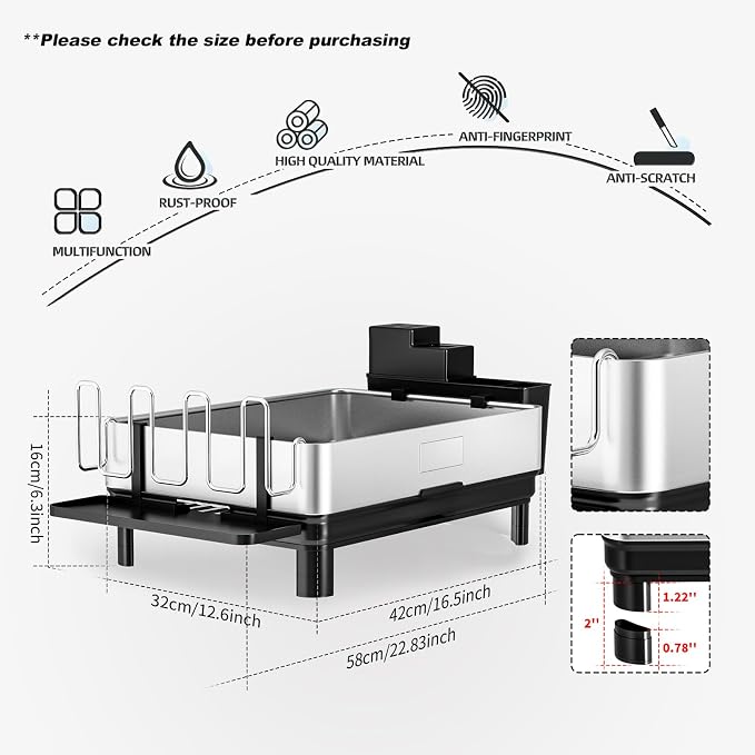 Dish Drying Rack, 304 Stainless Steel Dish Racks for Kitchen Counter | Dish Drainers with Automatic Drainage, Utensil Holder & Cups Holder, Space Saving Kitchen Organizer, Black