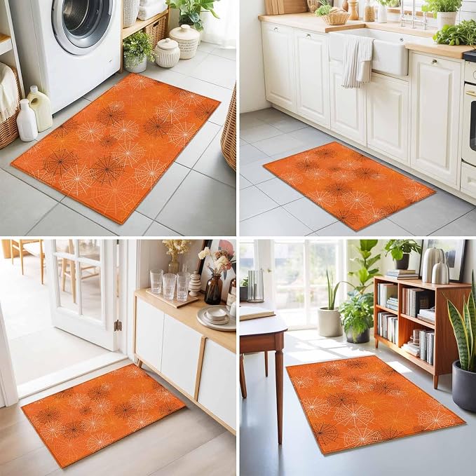 Entryway Area Rug 2'x3', Orange Halloween Washable Small Area Rugs for Kitchen Bathroom Bedroom Office Laundry, Black White Net Halloween Non Slip Door Mat Indoor Entrance Floor Throw Carpet