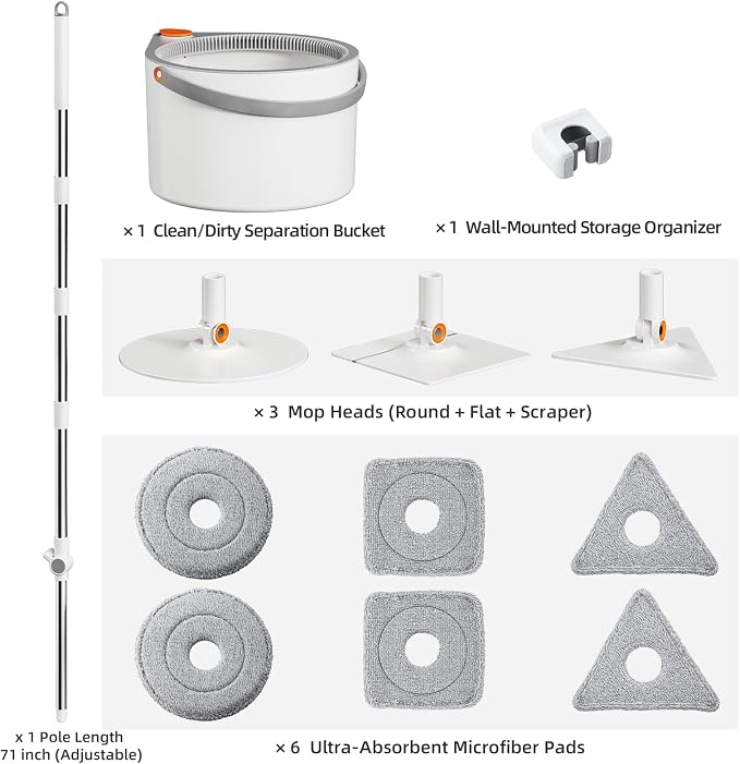 3-in-1 Spin Mop and Bucket Set with Clean Water Separation, 71” Extra Long Handle for Wall Cleaning, 3 Specialized Heads for Baseboards & Corners, 6 Microfiber Refills for Hardwood Floor Care