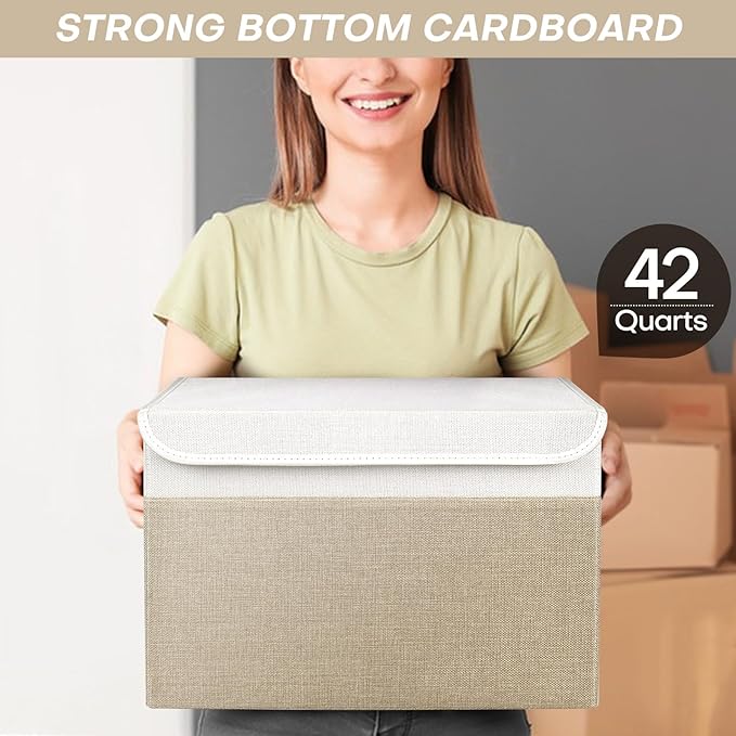 Bagnizer Large 42 Quarts Fabric Storage Bins with Lids [2-Pack] Linen Collapsible Foldable Baskets, Closet Organizer Containers boxes with Handles for Home Office (16.7 x 12 x 12, Beige & White)