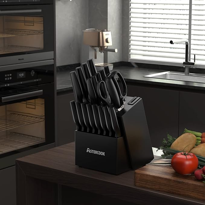 Knife Set, Astercook 21 Pieces Knife Sets for Kitchen with Block, Dishwasher Safe Kitchen Knife Set with Built-in Sharpener, German Stainless Steel Black Knife Block Set, Fathers Day Gift for Men