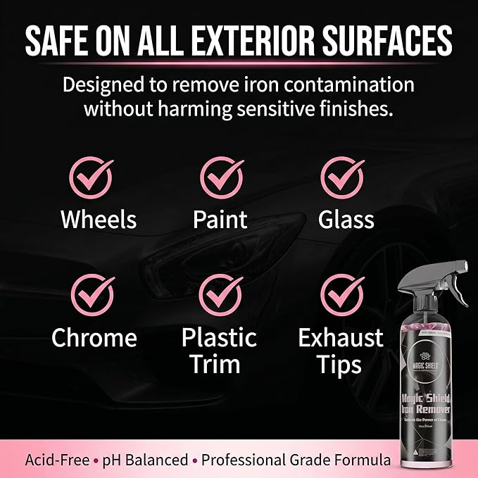Magic Shield Iron Remover Spray for Cars 16oz - pH-Neutral Iron and Fallout Remover for Car, Motorcycle, RV & Boat | 5-Minute Reaction, Effective on Wheels & Paint | All-In-One Solution