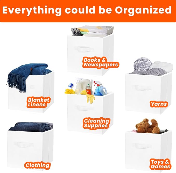 Storage Cubes, 11 Inch Cube Storage Bins for Shelves Closet Nursery Bedroom - 10 Pack Collapsible Baskets with Handles - Fabric Bins for Organizing Magazines Clothes Blanket Toys (White)
