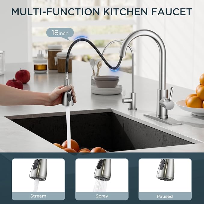 FORIOUS Kitchen Faucet and Water Filter Faucet Combo, Brushed Nickel Stainless Steel Bar Faucet Pull Down Sprayer and Drinking Purifier Faucet Set for Kitchen Sink RV Farmhouse Camper