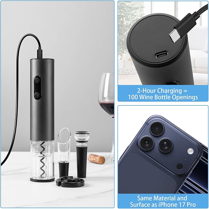 Rechargeable Electric Wine Opener Set, Automatic Corkscrew Set, Including Long Stem Wine Glasses of 2, Clear Glass Wine Goblet, Ideal Gift for Wedding, Wine Lover, Birthday, Girl, Men