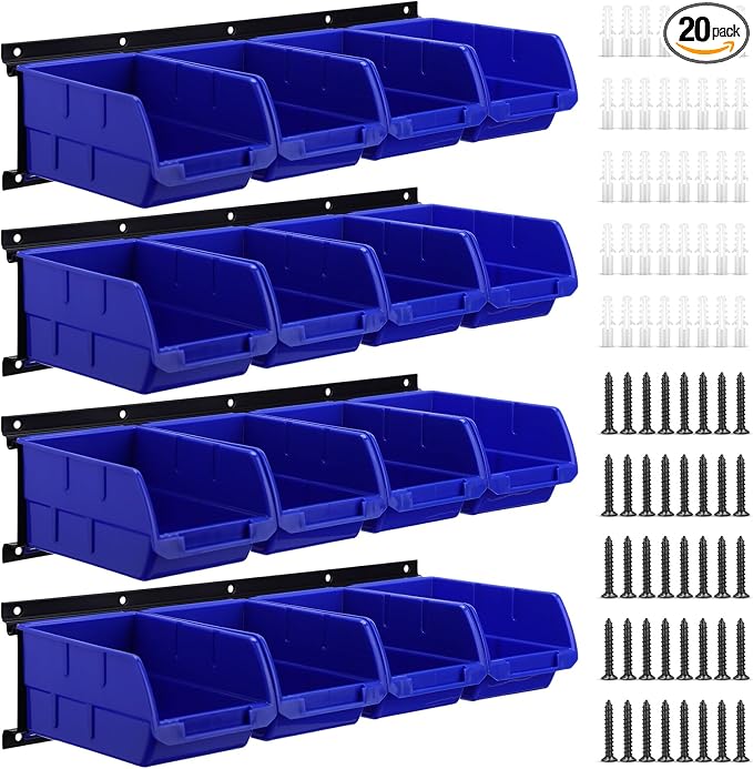 Maitys Wall Mounted Storage Bins Plastic Hanging Stackable Storage Parts Garage Tool Organizer for Screws, Nuts, Bolts, Nails, and Small Hardware Parts, 16x Bins & 4 x Rails(Blue)