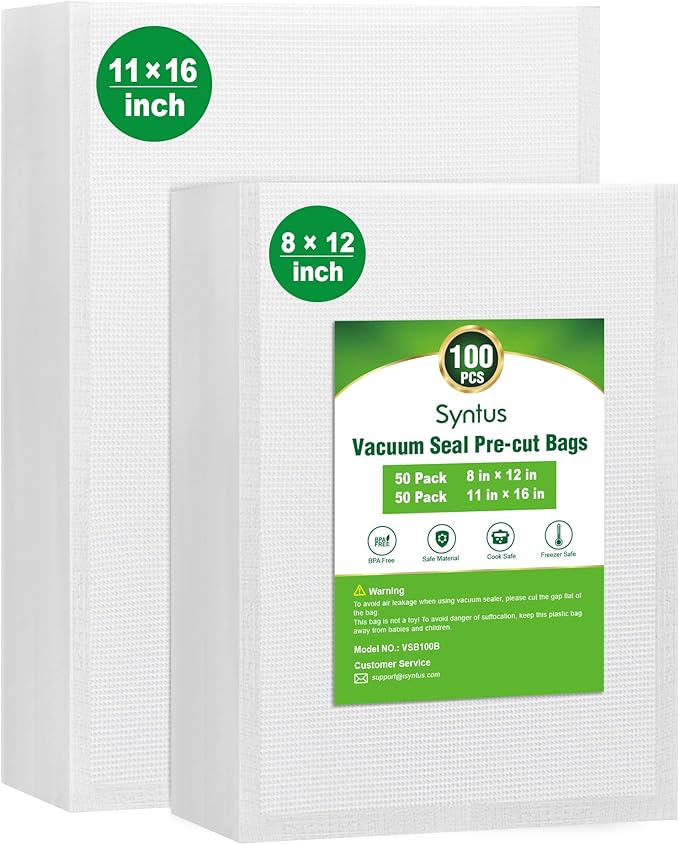 Syntus 100 Pcs Vacuum Sealer Bags for Food, 8x12+11x16, BPA Free | Precut Bags, 50 Quart + 50 Gallon, Sous Vide Microwave Freezer Safe, Food Vacuum Storage, For All Vacuum Sealers