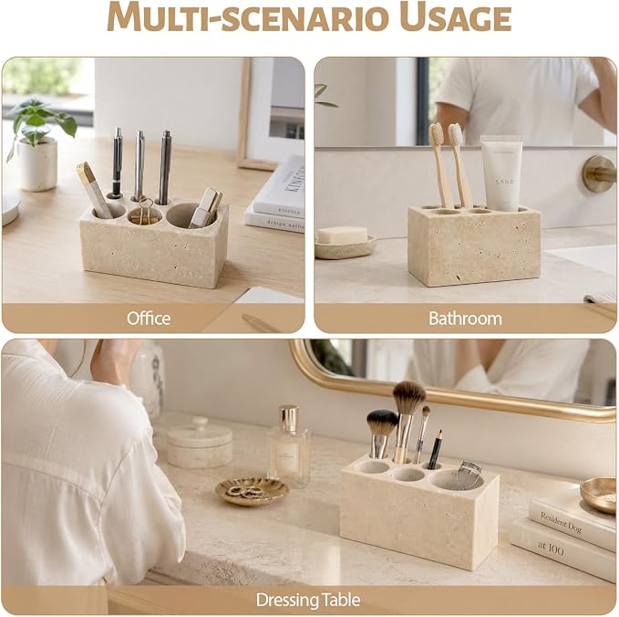 BCS Travertine Toothbrush Holder for Bathrooms, 6 Slots Open-Bottom Marble Toothbrush Organizer, Makeup Brush Stand Toothbrush Storage Collection for Bathroom Countertop Vanity Organization - Beige