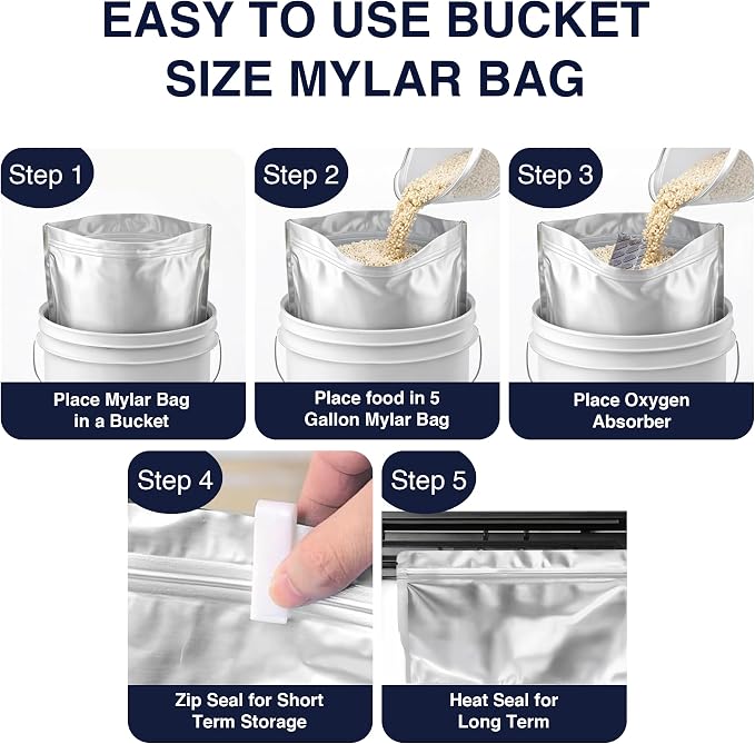 BELLE KR® 30 Pcs 5 Gallon Mylar Bags With 2000CC Oxygen Absorbers - Perfect Bucket Size - 11 Mil Thick - With Sticker Labels and Closure Clip - Smell Proof, Heat Resealable Large Mylar Bag