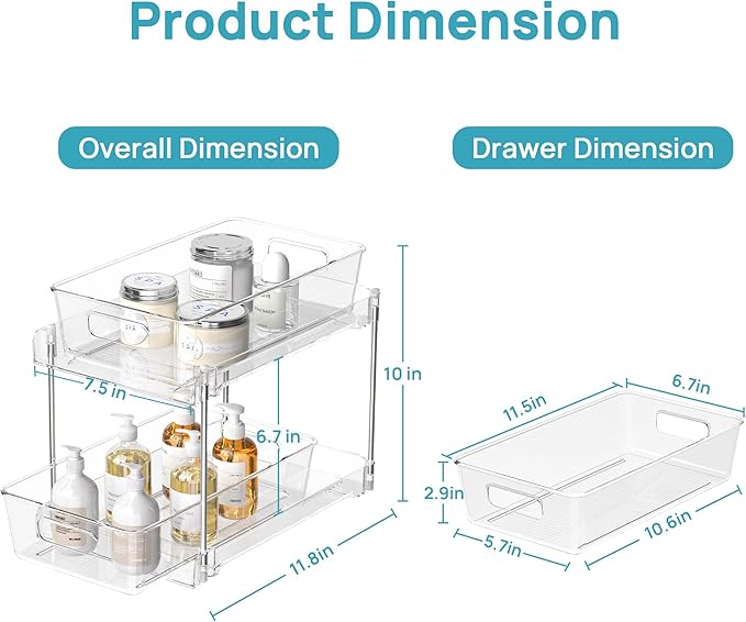 Vtopmart 2 Tier Bathroom Storage Organizer, 2 Pack Clear Under Sink Organizers Vanity Counter Container, Cabinet Drawers Bins, Pull-Out Organization with Track for Pantry, Kitchen