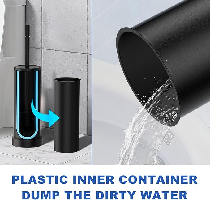 2 PCS Black 304 Stainless Steel Toilet Brush and Holder Set, Long Handle Deep Cleaning Toilet Scrubber with Splash Protection, Weighted Base & Non-Scratch Sponge, Minimalist Bathroom Accessory