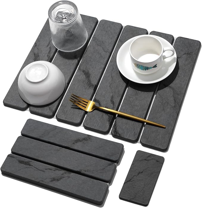 Small Stone Dish Drying Mat for Kitchen Counter, 2 PCS 16"×12" & 8"x4" Quick Dry Stone Mats, Foldable Water Absorbing Diatomaceous Earth Drying Dish Pad for Countertop Bottles Utensils Cups(Dark Gray)