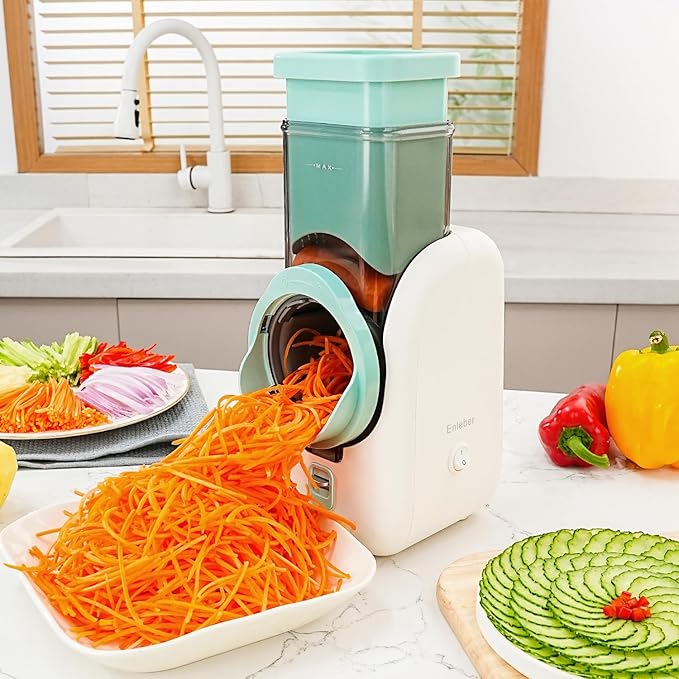 Electric Cheese Grater Salad Maker with 6 Repalce Stainless Steel Blades, Rotary Slicer One-Touch Kitchen Slicer Cheese Shredder for Vegetables, Fruits, Cheeses, Nuts Home Kitchen Use(White)- 120v