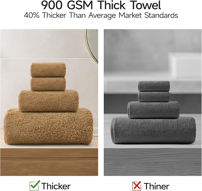 REDKISS Ultra-Plush Bath Towel Set - 900GSM Premium Thick Cotton for Bathroom & Spa, Super Absorbent Quick-Dry Bath Sheets with No Shedding (4-Piece Set for Adults, Luxury Hotel & Home Use)-Brown