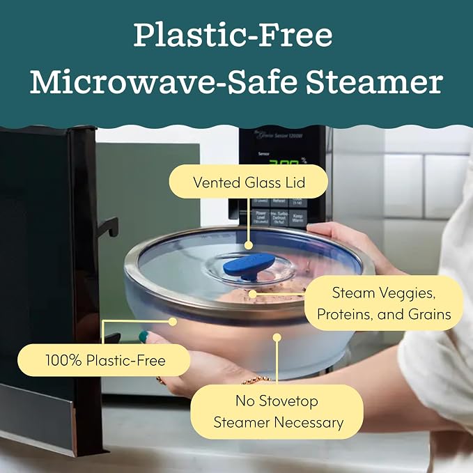 Anyday 7-Cup Glass Microwave Steamer (Clear Kale) | Vegetables, BPA-Free, Vegetable Steamer Bowl, Vented Glass Lid, Healthy Microwave Cooking, Broccoli, Veggies, Meal Prep