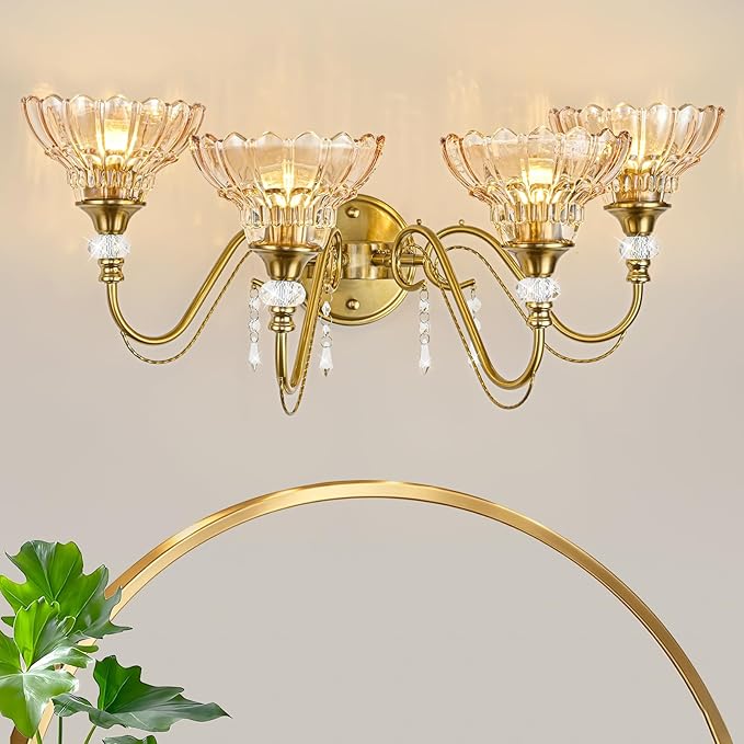 Vintage Bathroom Vanity Light, 4-Light Brushed Gold Finish Wall Sconce with Hanging Crystal Accents and Flower-Shaped Amber Glass Shades, Retro Wall Mount Vanity Light Over Mirror for Bathroom