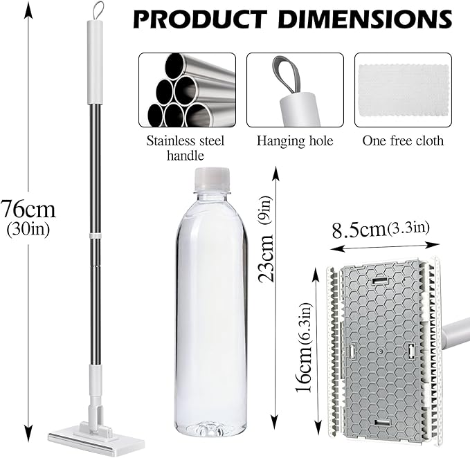 Masthome Snap Grip Mini Mop with Built-in Squeegee, Zero Touch Cloth Changing Dust Mop, 360° Swivel Head Small Mop for Walls, Bathroom Corners, Windows, Includes 1 Reusable Cloth